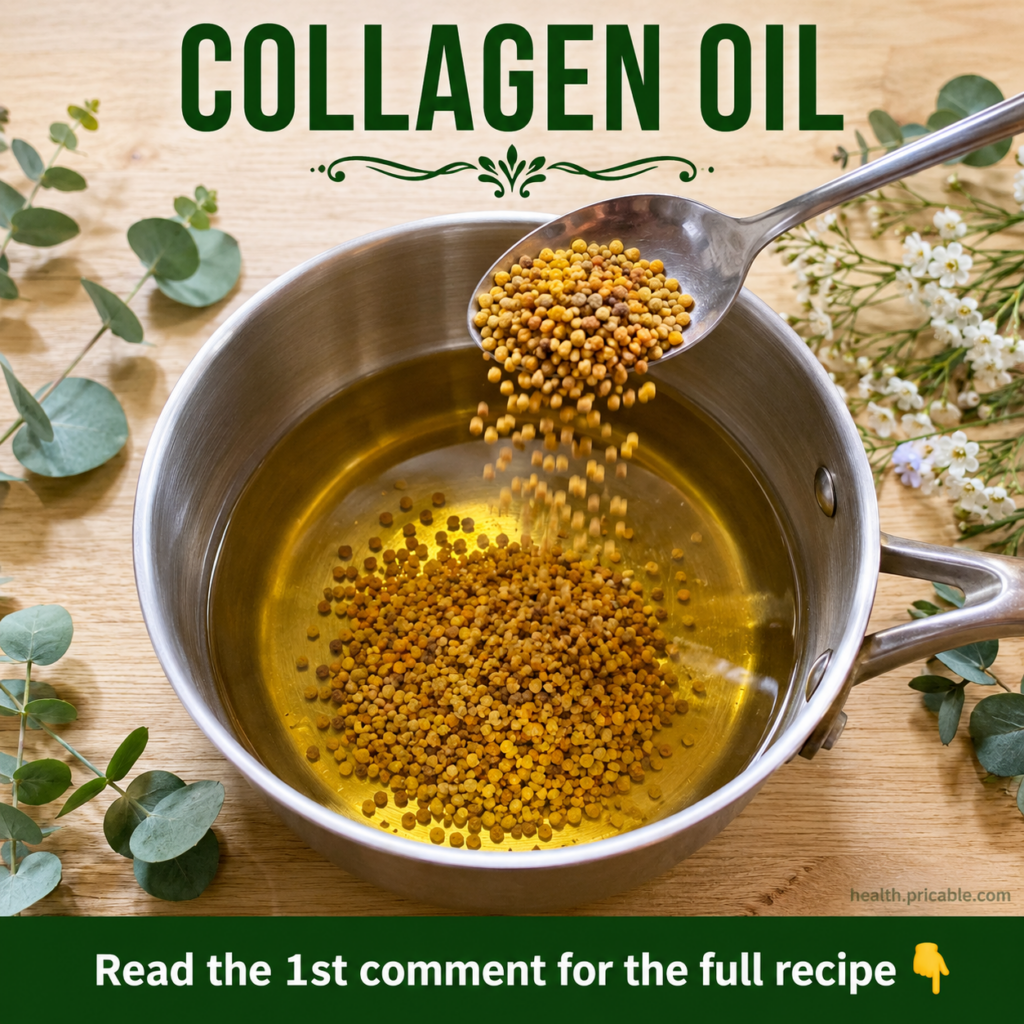 A small amber glass dropper bottle filled with a golden liquid labeled DIY Collagen Glow Oil placed on a wooden surface