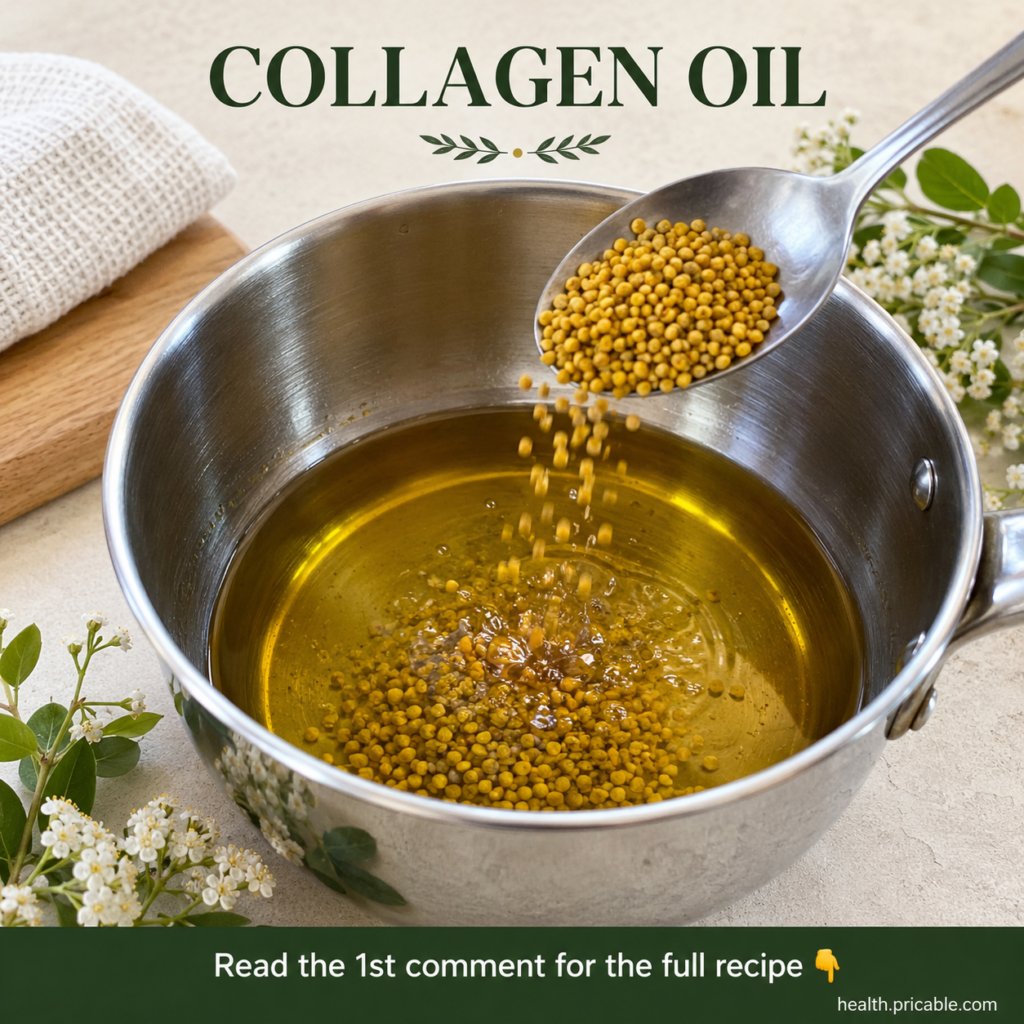A small glass dropper bottle filled with golden oil surrounded by ingredients like rosehip seeds jojoba beans and vitami