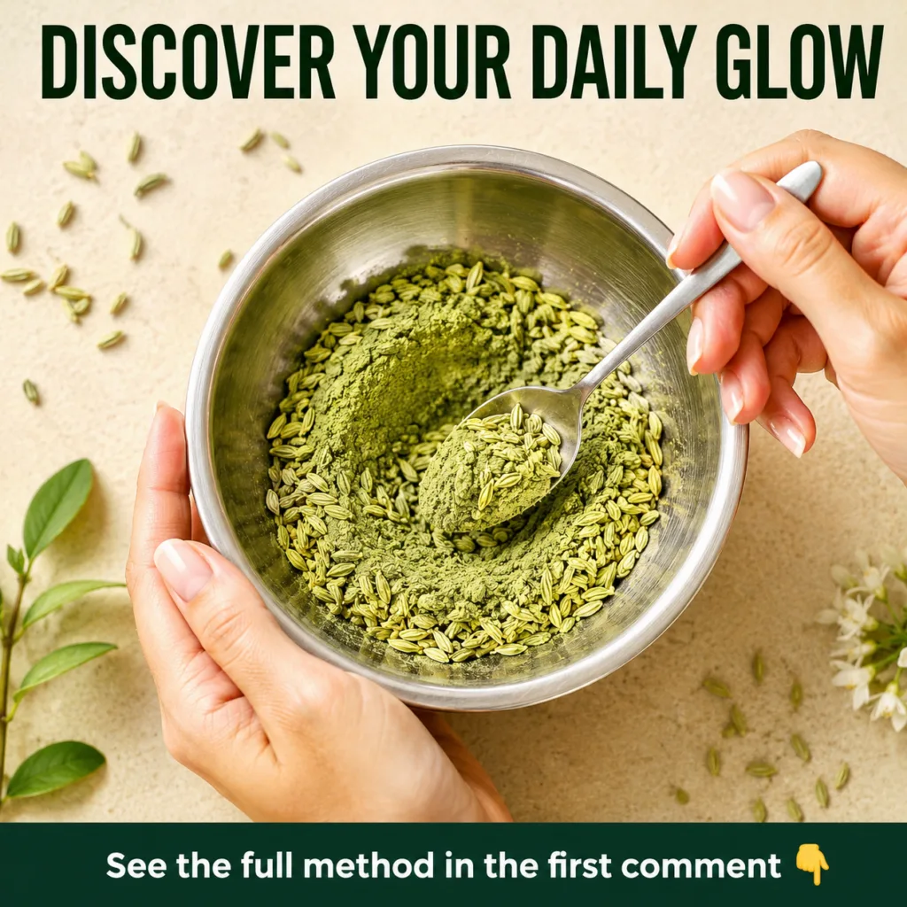 A scoop of green powder next to various seeds chia flax and a small glass of water or smoothie suggesting a natural dail