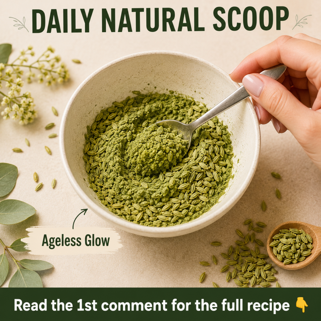 A hand holding a scoop of green botanical powder over a glass of water symbolizing a simple daily beauty routine for glo