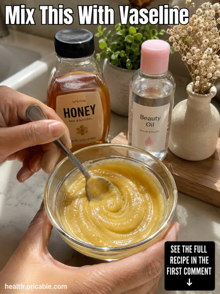 A small clean bowl containing a creamy light yellow mixture of Vaseline and honey with a small spatula or spoon resting 