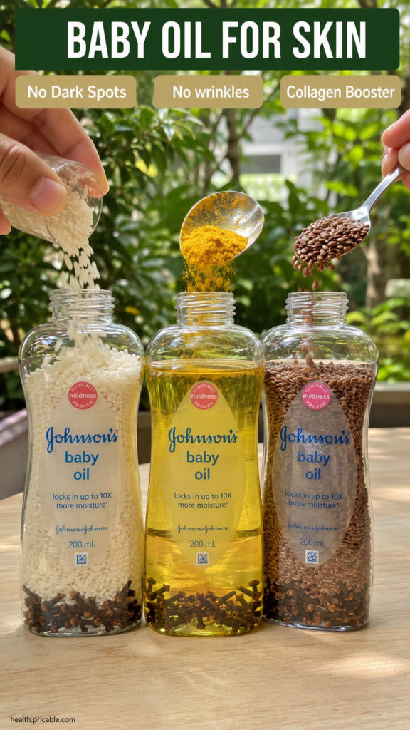 A close-up of a glass jar filled with baby oil whole flaxseeds uncooked rice grains and turmeric powder with hands gentl