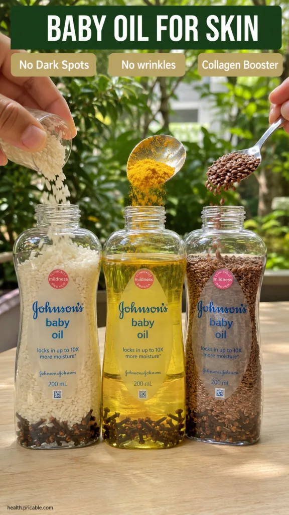 A close-up of a glass jar filled with baby oil whole flaxseeds uncooked rice grains and turmeric powder with hands gentl