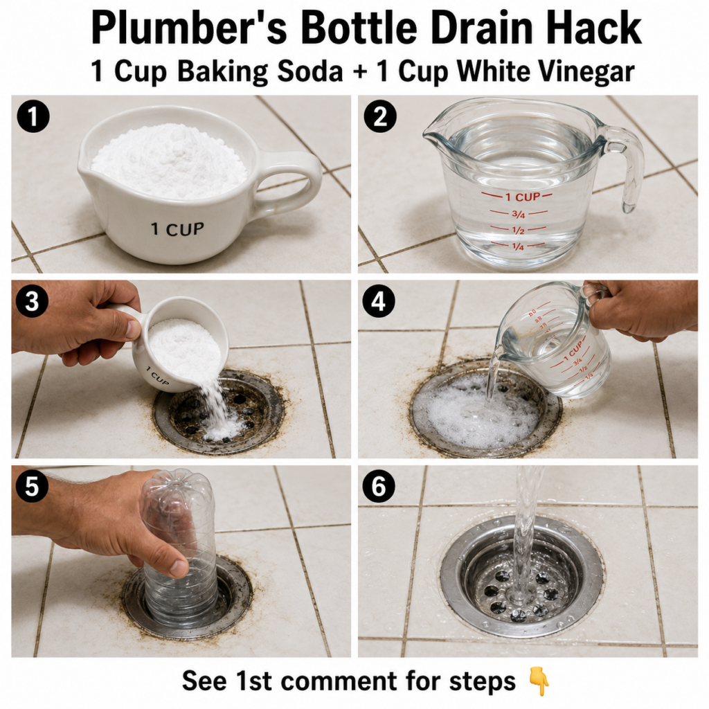 A person holding a clear plastic bottle with its bottom cut off directly over a kitchen sink drain The sink basin has a 