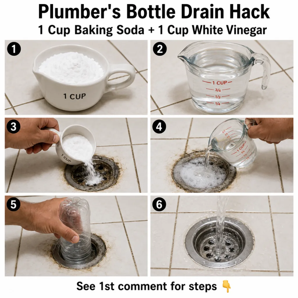 A person holding a clear plastic bottle with its bottom cut off directly over a kitchen sink drain The sink basin has a