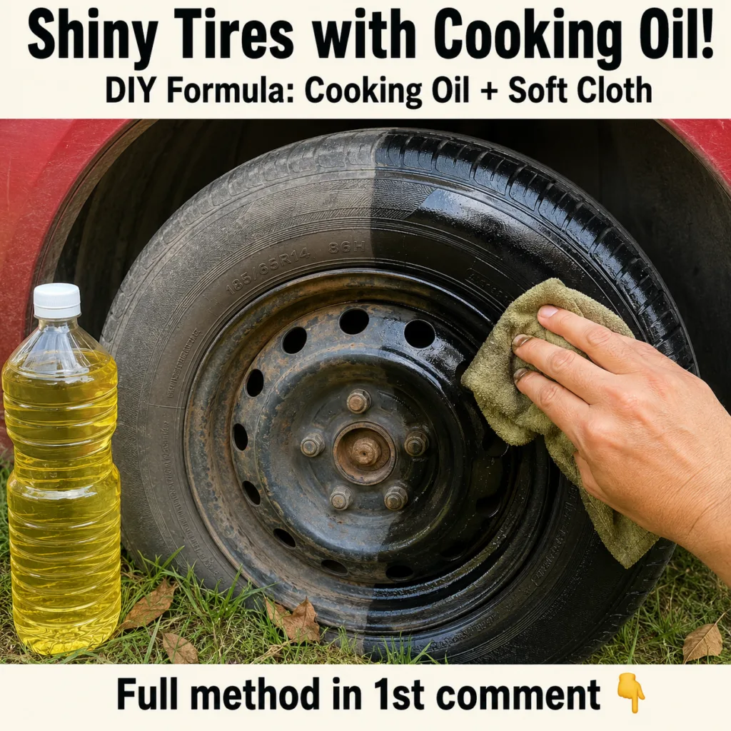 A person applying cooking oil to a car tire with a yellow sponge or cloth making the tire look shiny
