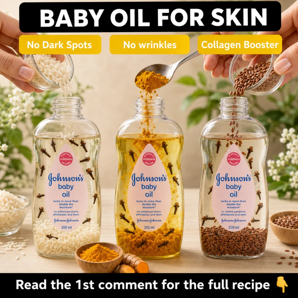 A small glass bottle containing a golden-hued baby oil and flaxseed elixir with some flaxseeds visible The bottle sits o