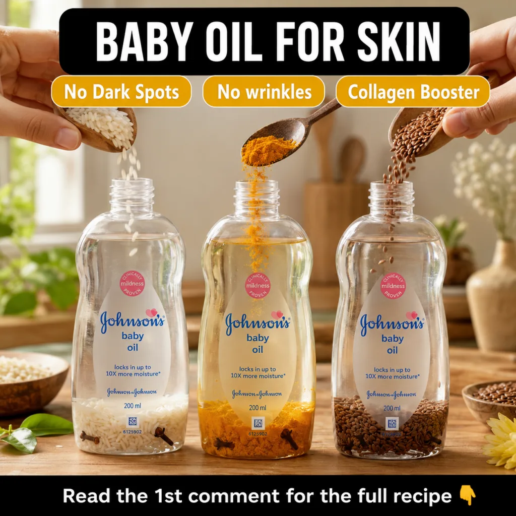 Three clear glass bottles of Johnson s baby oil each infused with rice grains turmeric powder and flax seeds with hands 