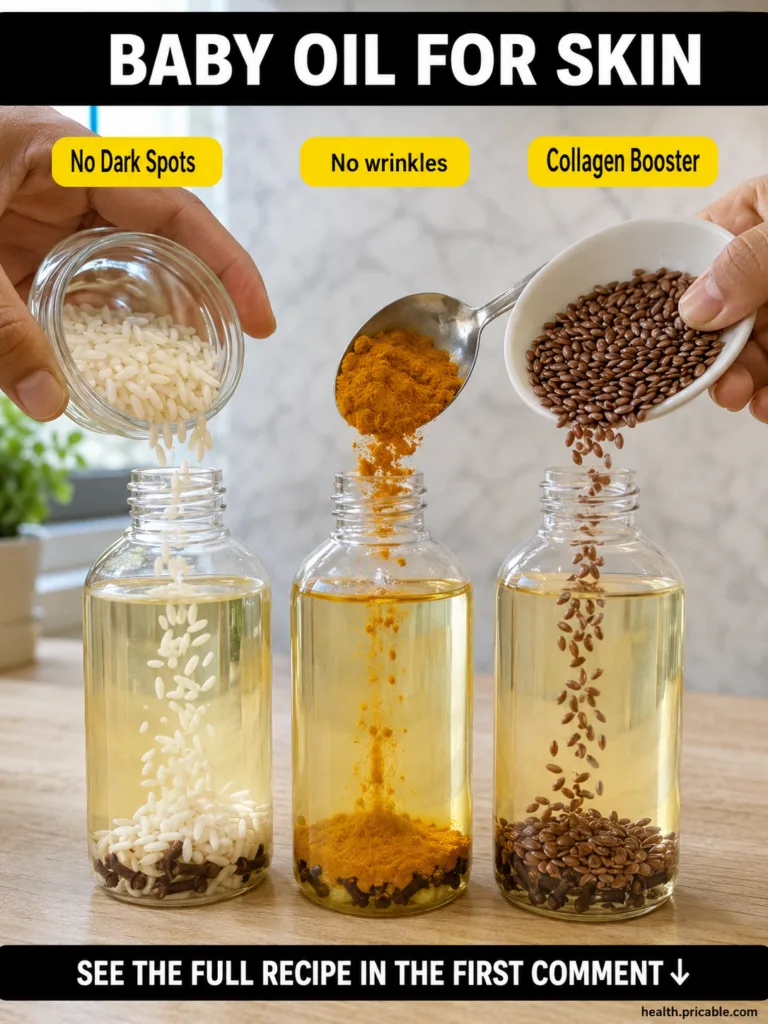 An overhead shot of a glass jar containing baby oil flaxseeds rice and turmeric ready for infusion