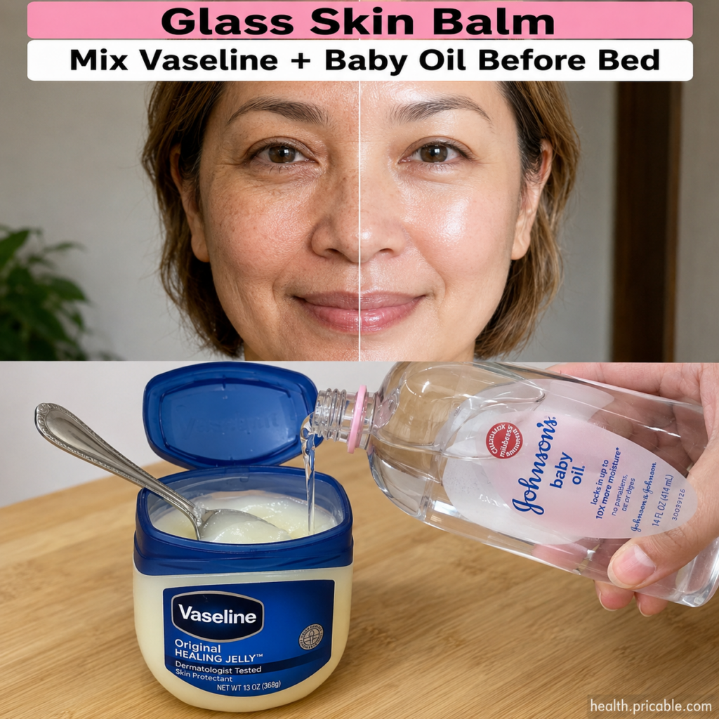 A small clear glass jar filled with a thick glossy yellowish balm made from Vaseline and baby oil A small spatula or spo