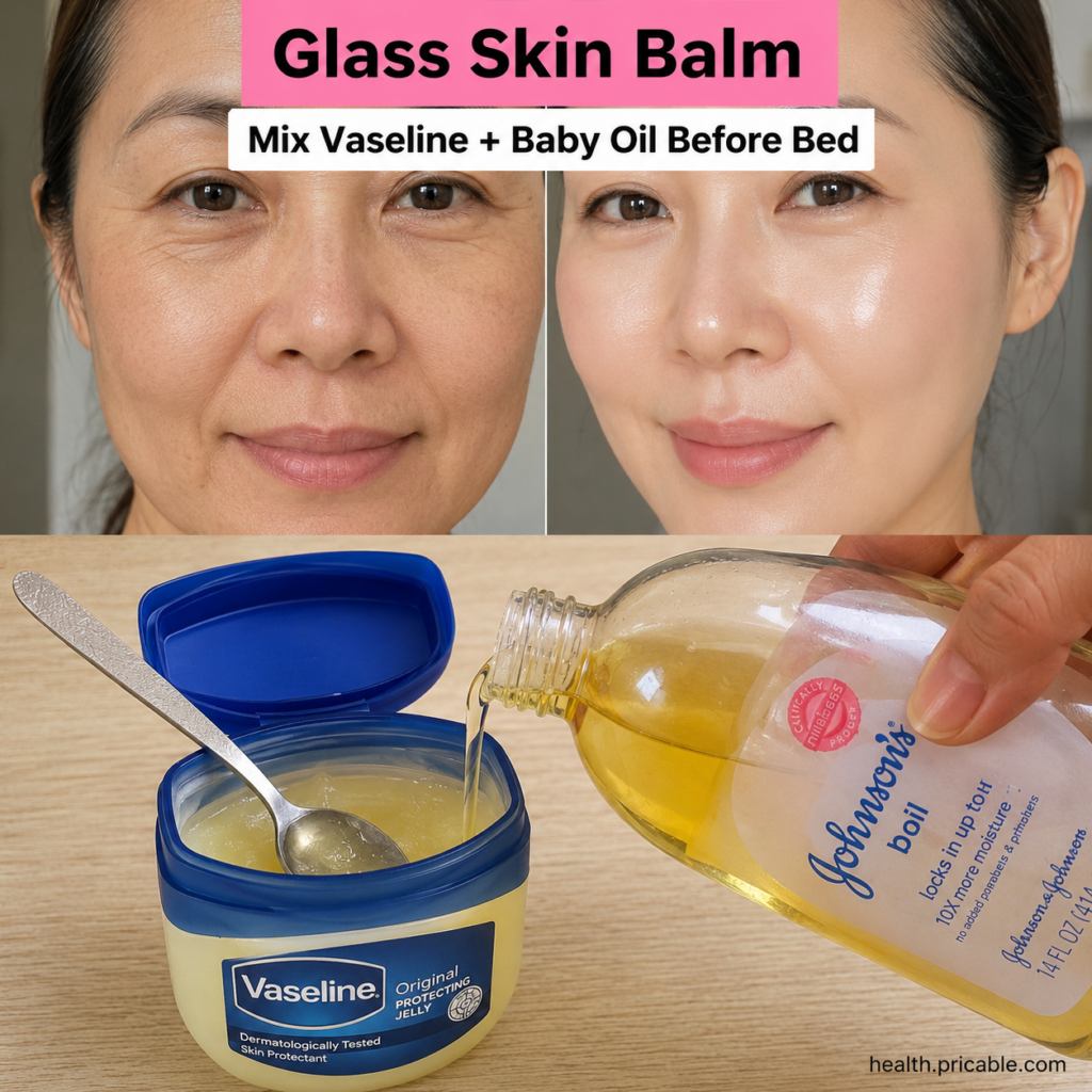 A small jar of Vaseline and a bottle of baby oil on a clean bright vanity surface with a soft glow effect