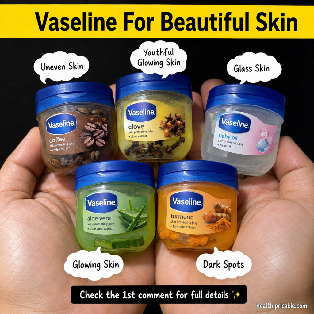 A collection of small Vaseline mini jars each with a label indicating a natural ingredient like coffee clove aloe vera t
