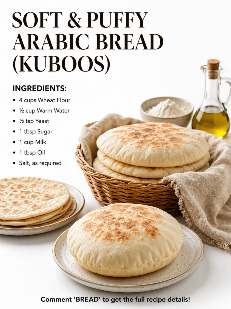 A stack of freshly baked soft and puffy Arabic bread Kuboos on a rustic wooden board with some olive oil and herbs in th