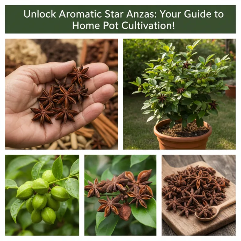 A healthy star anise plant with visible star-shaped pods thriving in a terracotta pot indoors