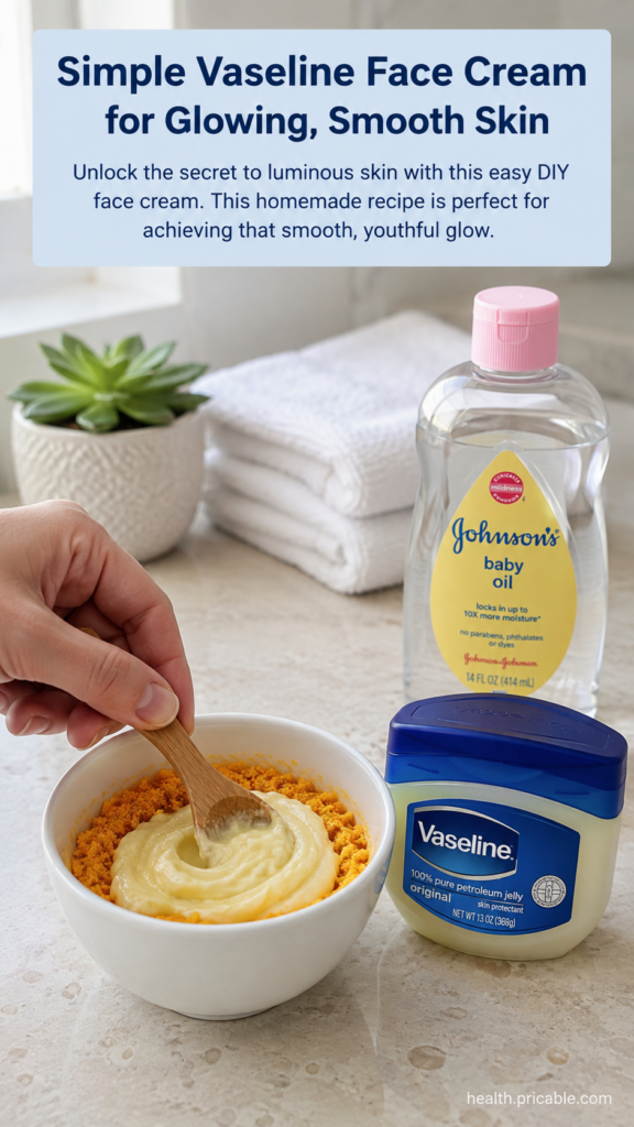 A hand stirring a creamy yellow mixture in a white bowl with a wooden spoon with Vaseline and Johnson s baby oil bottles
