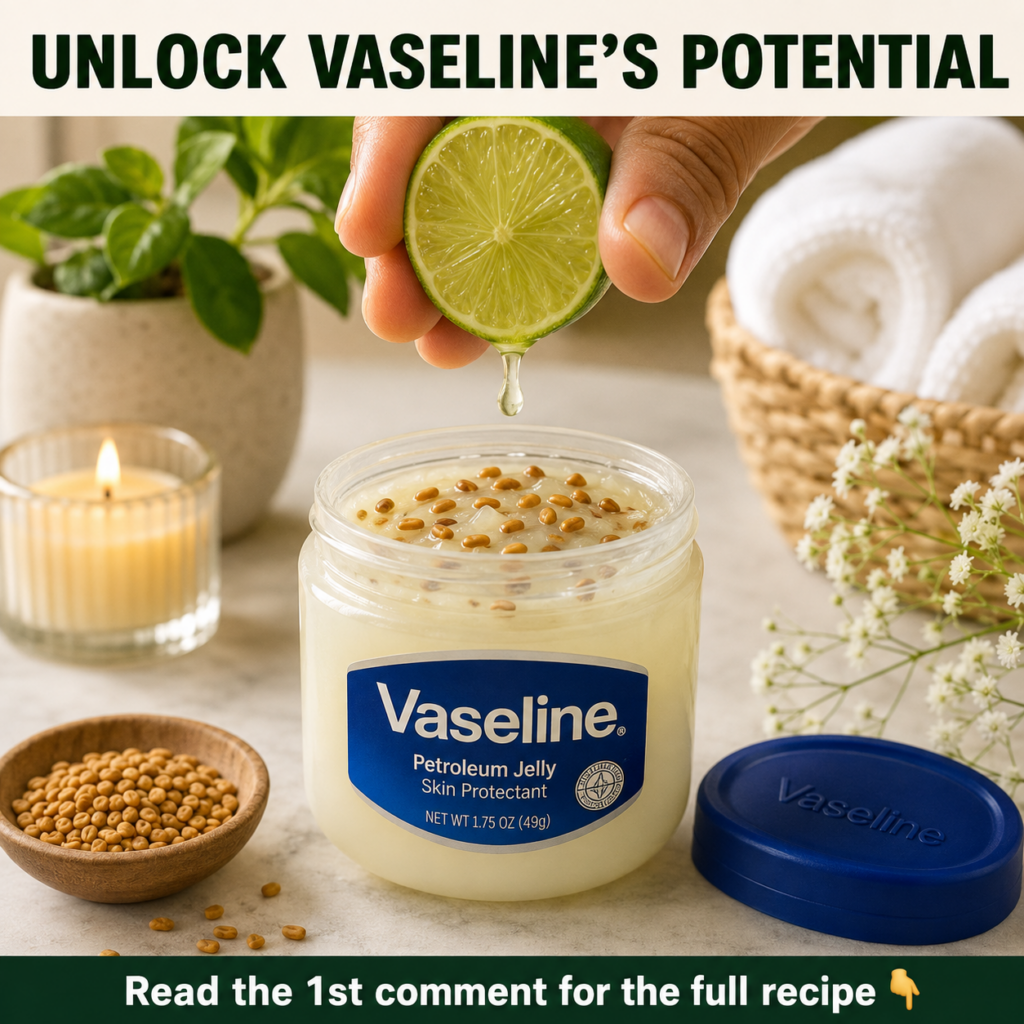 A clear jar of Vaseline several fresh green limes and a small pile of fenugreek seeds arranged on a light surface ready