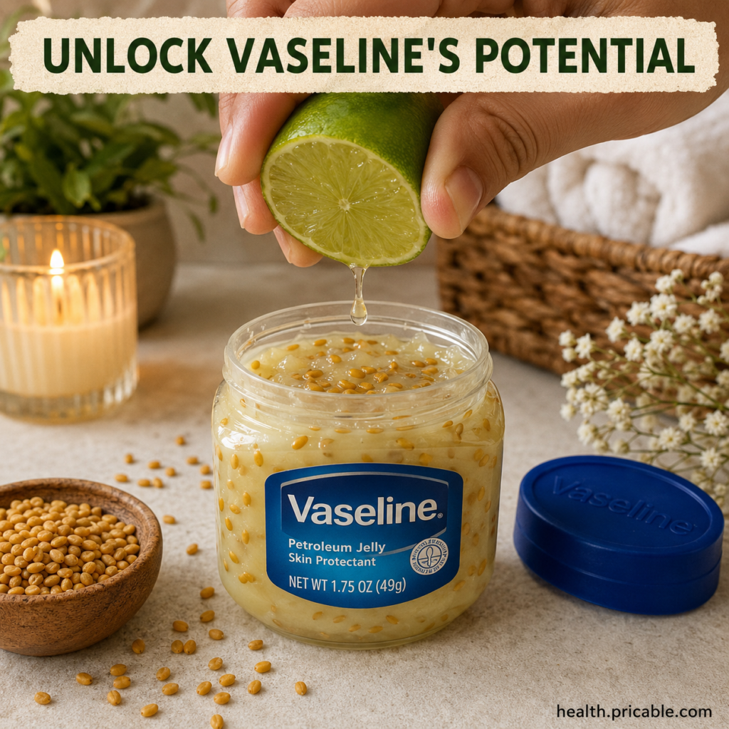 A trio of ingredients a jar of Vaseline fresh green limes and fenugreek seeds or powder arranged artfully on a light bac
