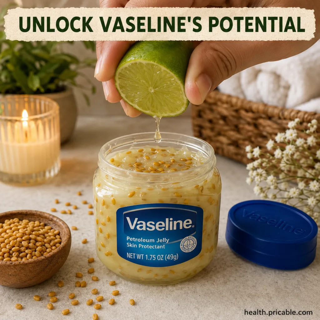 A trio of ingredients a jar of Vaseline fresh green limes and fenugreek seeds or powder arranged artfully on a light bac