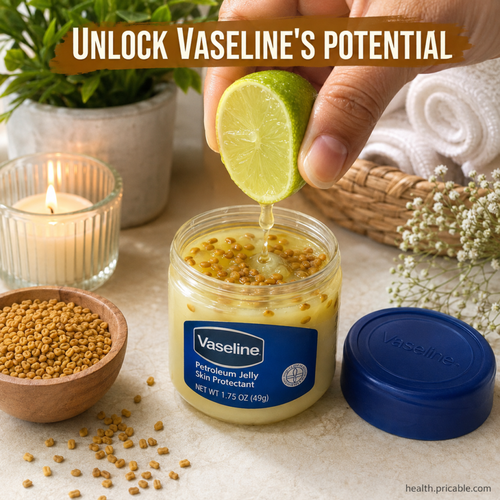 A small glass jar with a creamy light yellow mixture of Vaseline ground fenugreek and lime with fresh lime slices and fe