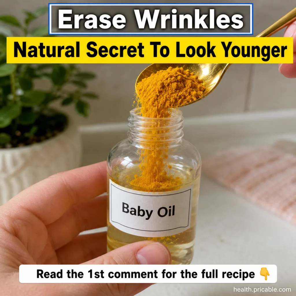 A small bowl containing a golden-yellow paste or oil blend with a bottle of baby oil and a small dish of turmeric powder