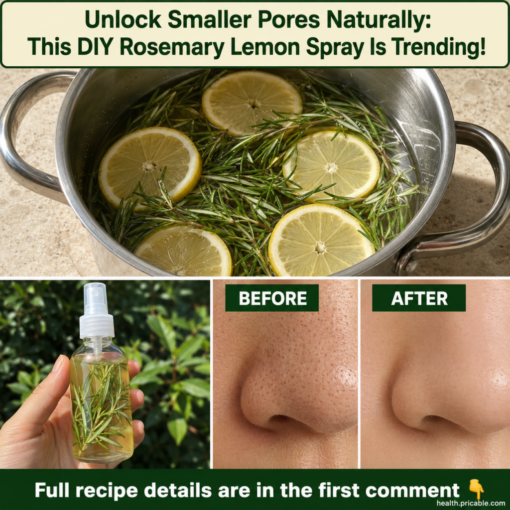 A close-up of a clear glass spray bottle filled with a light yellow liquid with a few fresh rosemary sprigs and lemon sl