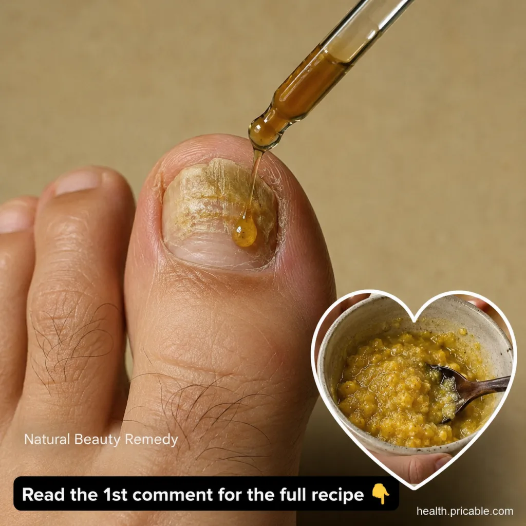 A small dropper bottle filled with a golden oil next to a hand with healthy-looking nails on a light wooden surface
