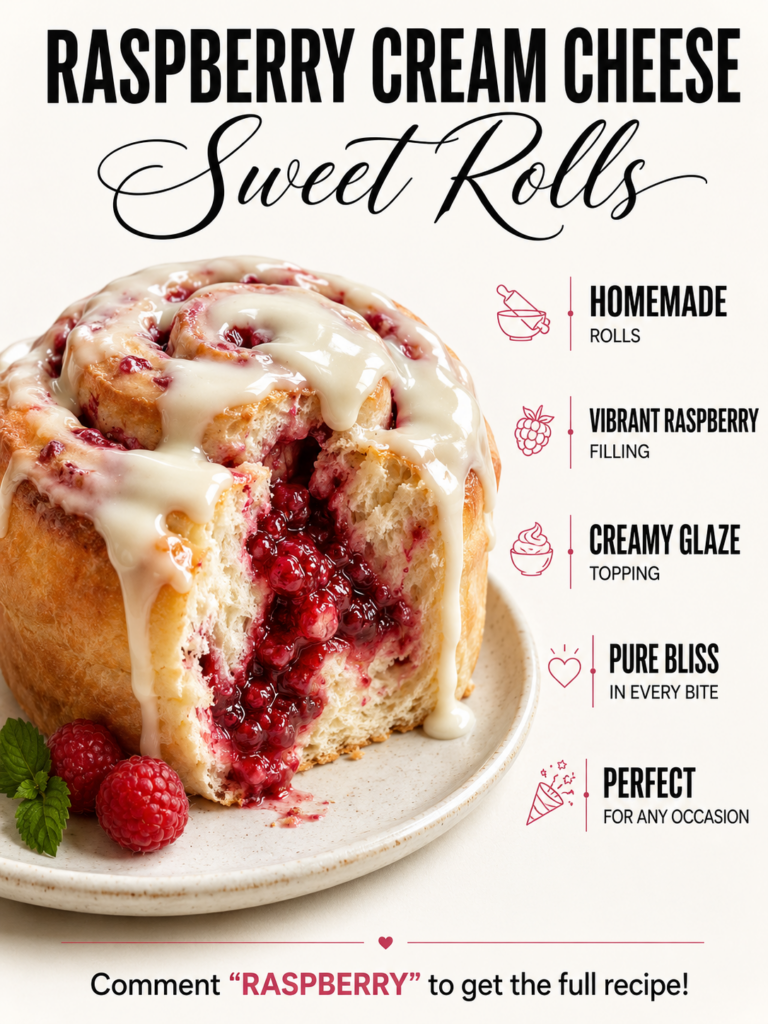 A close-up shot of baked Raspberry Cream Cheese Sweet Rolls in a ceramic baking dish topped with a generous amount of cr