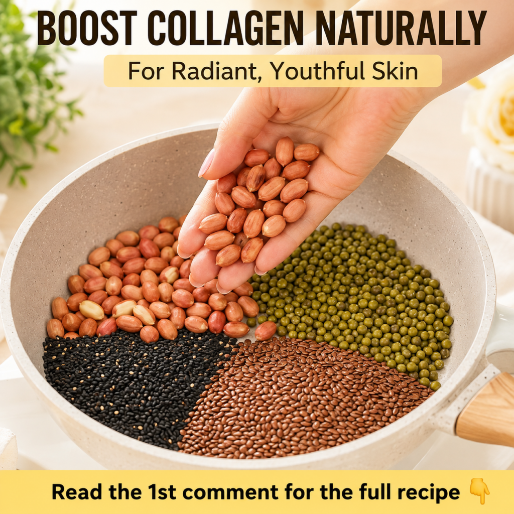 A woman with glowing clear skin smiling holding natural ingredients like nuts and seeds in her hands with a warm natural