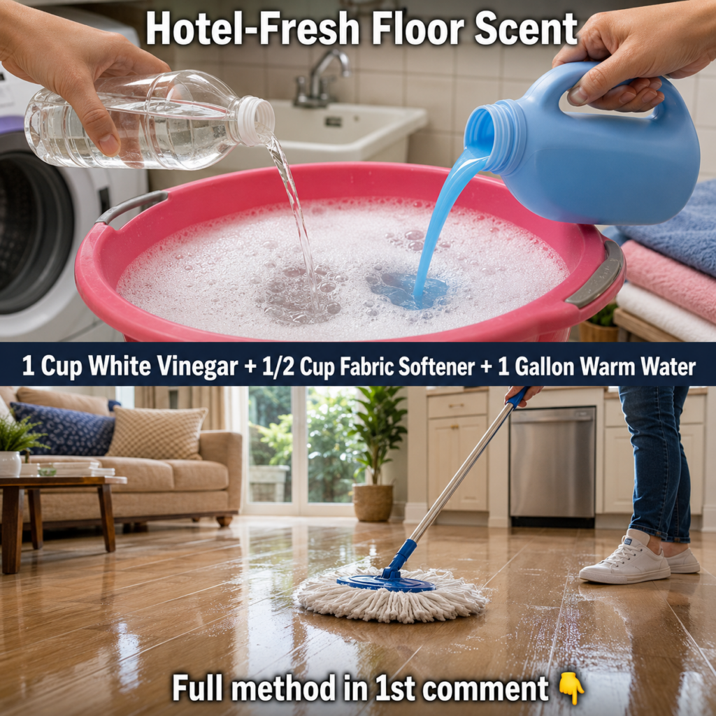 Ingredients for DIY floor cleaner alcohol furniture polish detergent and water in a bucket with a mop