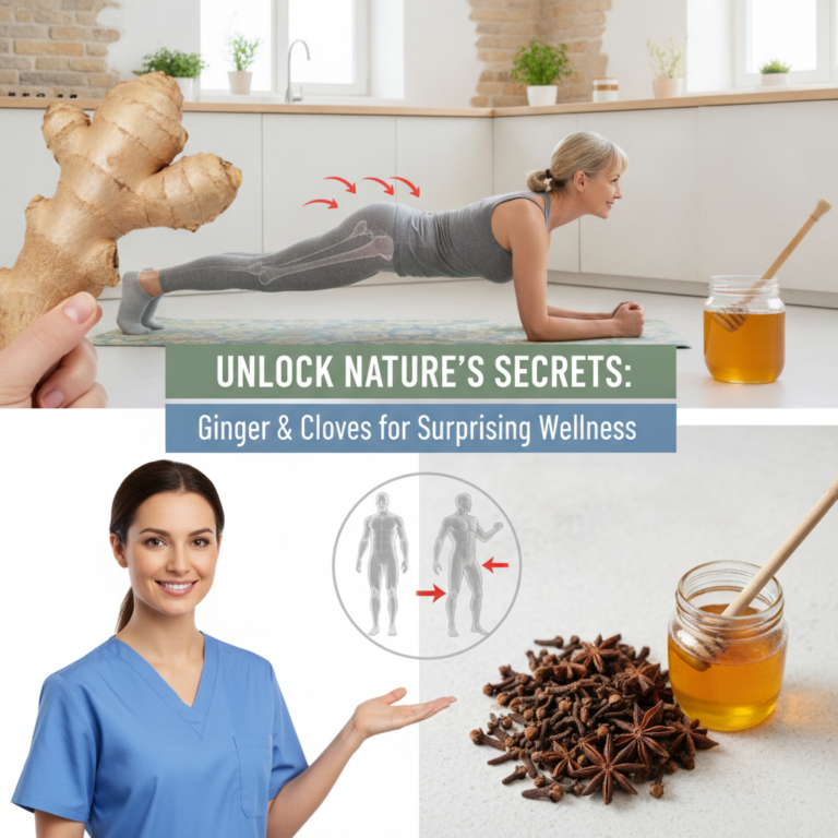 A warm inviting scene showing fresh ginger root and whole cloves perhaps in a rustic setting or alongside a cup of herba