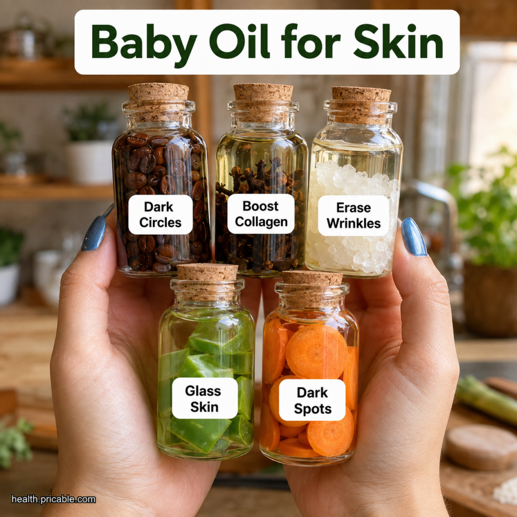 A collection of small glass bottles filled with various natural oils some with herbs or coffee beans on a wooden surface