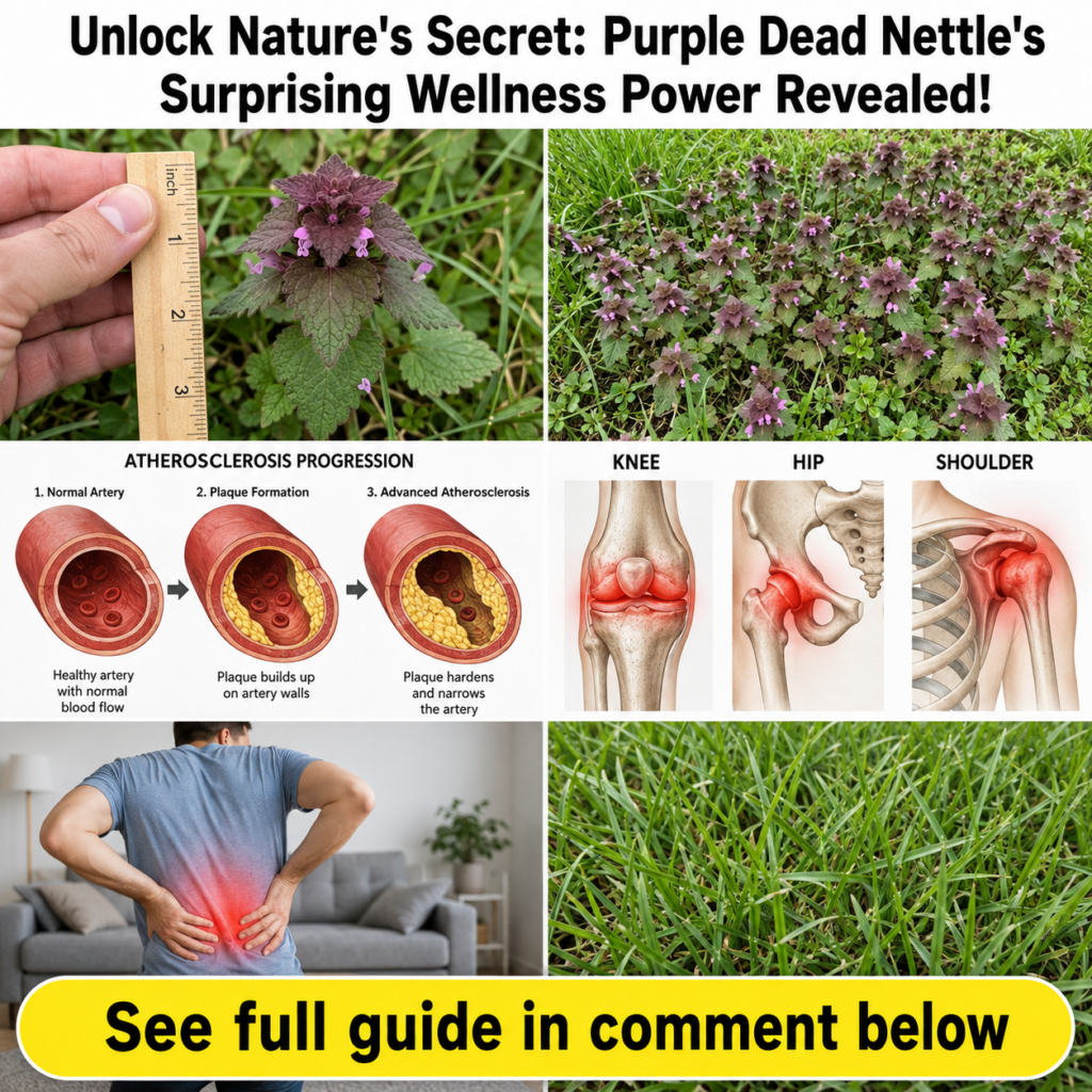 A close-up image of a patch of Purple Dead Nettle plants with vibrant purple flowers and green leaves in a natural setti