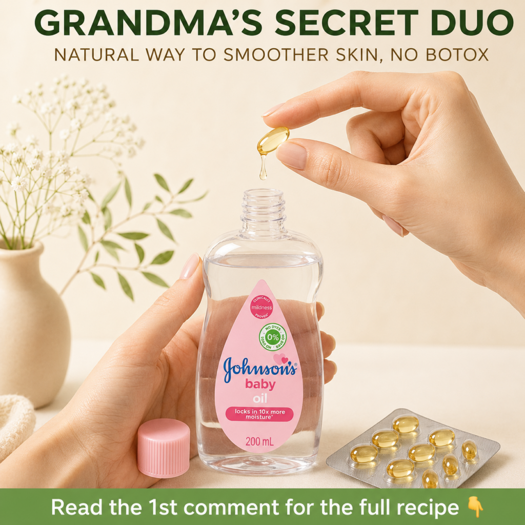 A small clear bottle of Johnson s Baby Oil next to a small bottle or capsule of Vitamin E oil perhaps on a rustic wooden