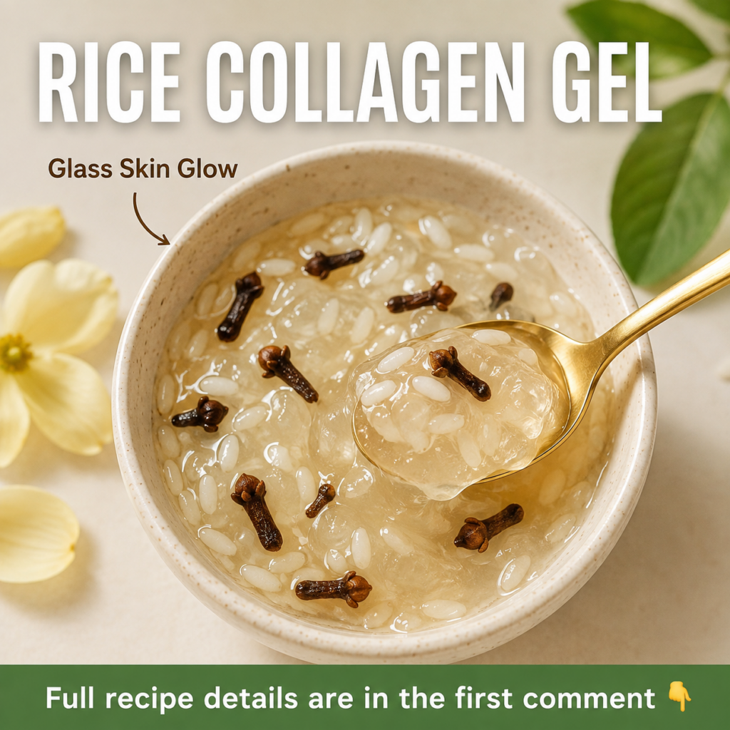 A small glass jar containing a clear gelatinous rice collagen gel with a soft glowing background The texture appears smo