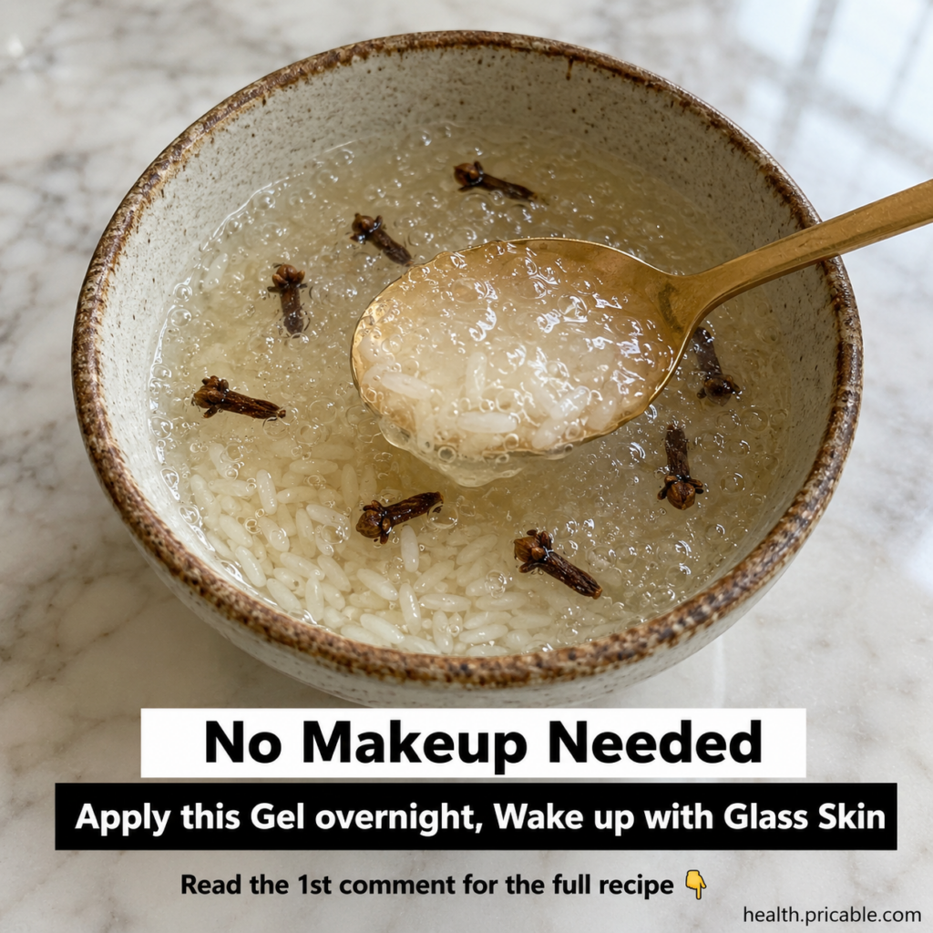 A close-up of a small glass jar filled with a white translucent rice gel with a spoon beside it on a natural wooden surf