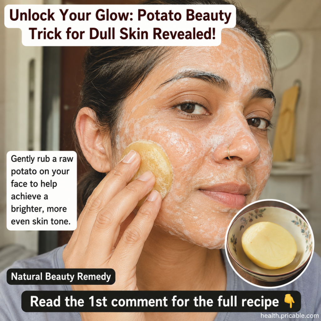 A woman gently rubbing a slice of raw potato on her cheek with a glowing soft-focus effect on her skin