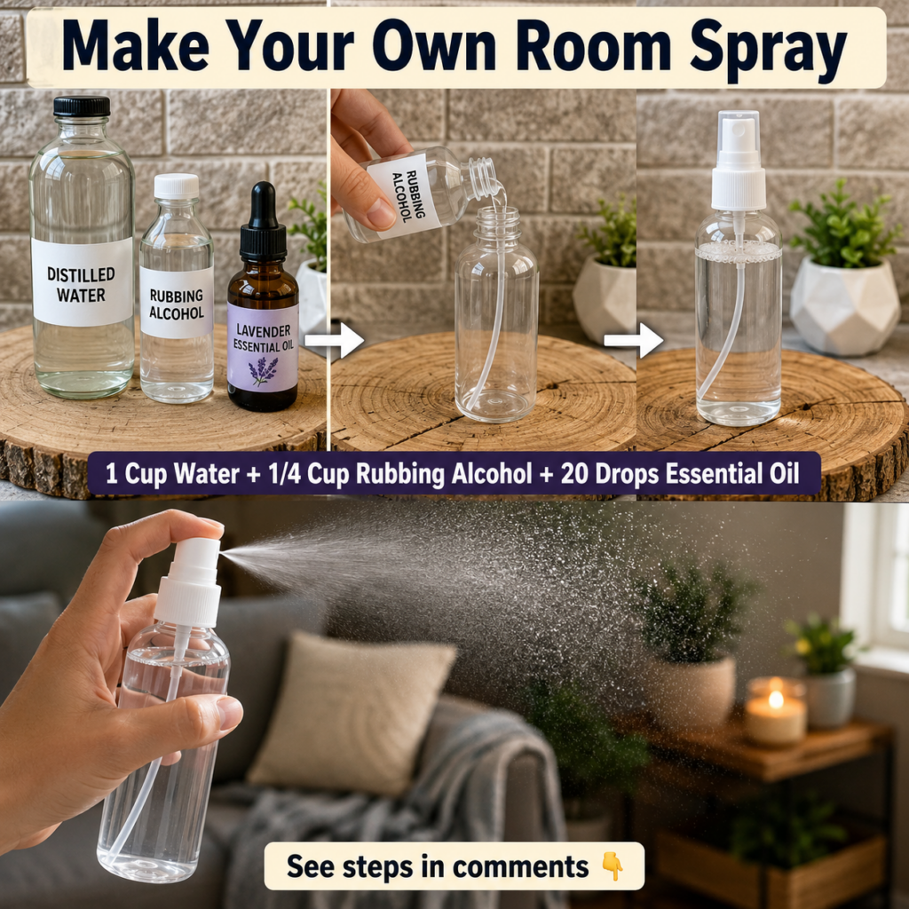 A person s hands holding a clear glass spray bottle filled with a liquid with essential oil bottles and other ingredient