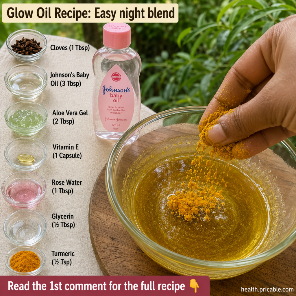 A clear glass bottle filled with a golden-hued glow oil with a few drops spilling onto soft radiant skin in the backgrou