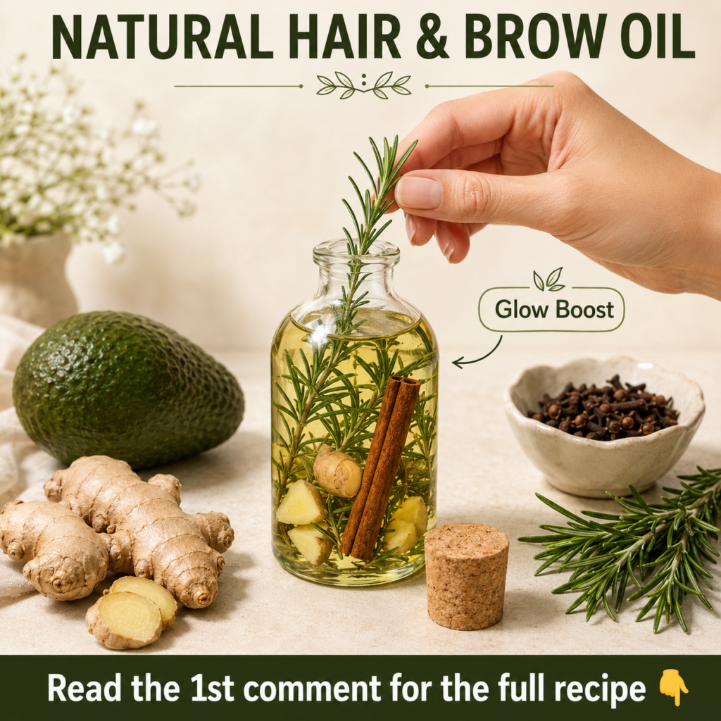A flat lay of fresh rosemary sprigs sliced ginger dried cloves an avocado seed and small bottles of coconut olive and al