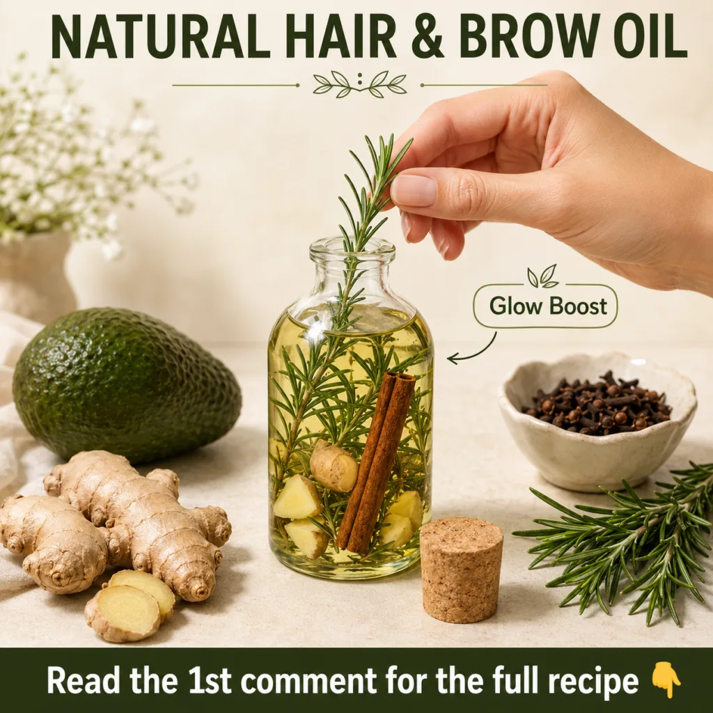 A flat lay of fresh rosemary sprigs sliced ginger dried cloves an avocado seed and small bottles of coconut olive and al