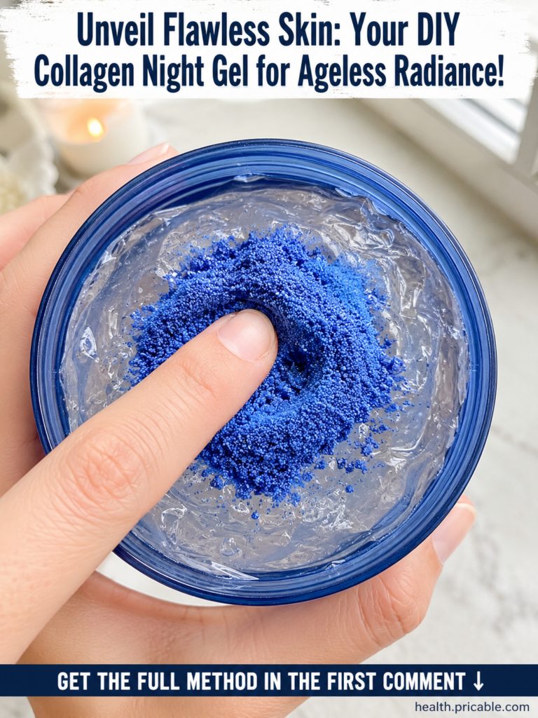 Ingredients for a DIY collagen night gel including a small bowl of blue butterfly pea flower powder aloe vera gel and a