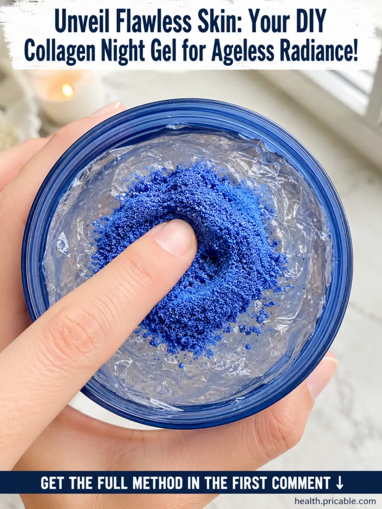 Ingredients for a DIY collagen night gel including a small bowl of blue butterfly pea flower powder aloe vera gel and a 