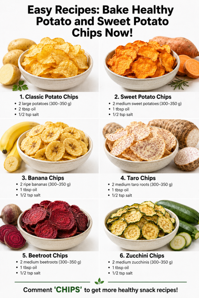 A visually appealing arrangement of crispy homemade baked potato chips and sweet potato chips in separate bowls with fre
