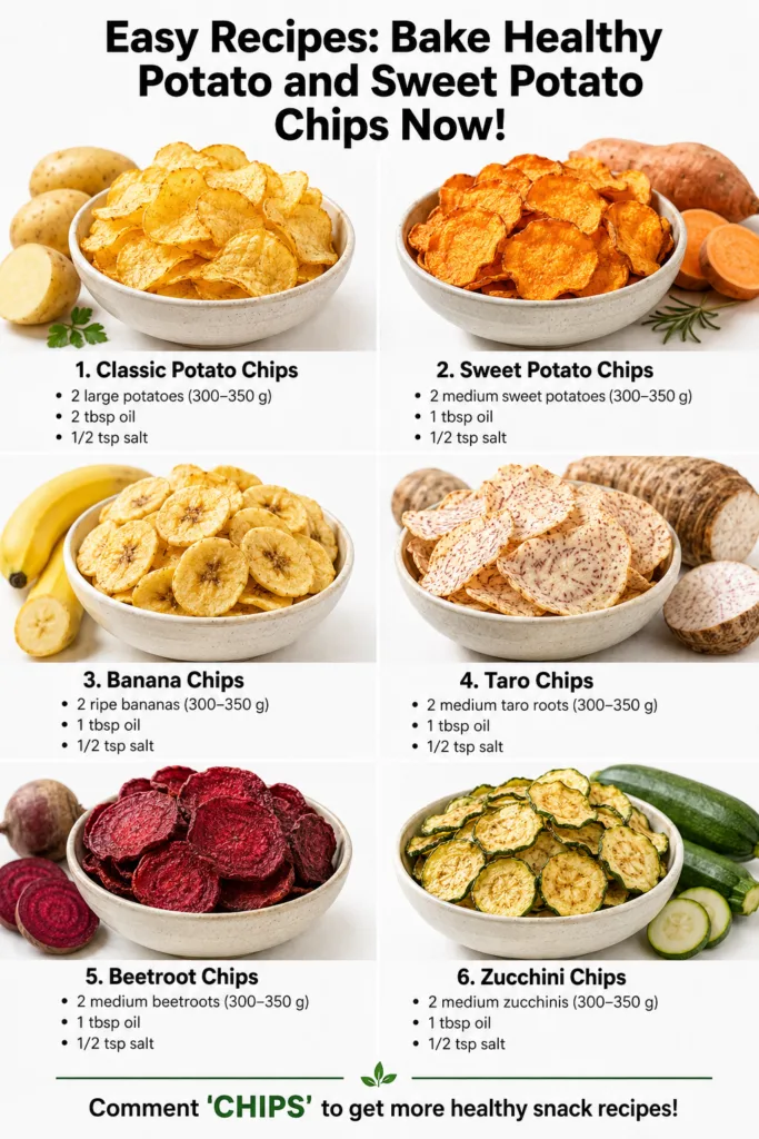 A visually appealing arrangement of crispy homemade baked potato chips and sweet potato chips in separate bowls with fre