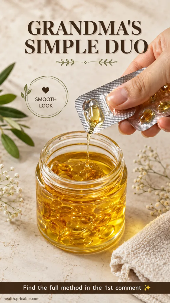 A close-up shot of small clear Vitamin E capsules and a bottle of light nourishing oil on a wooden surface