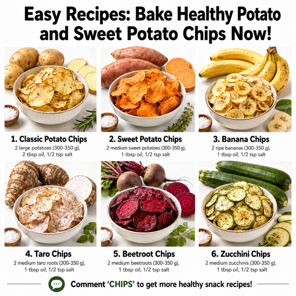 A variety of homemade baked chips including potato sweet potato zucchini and kale chips arranged artfully on a wooden bo