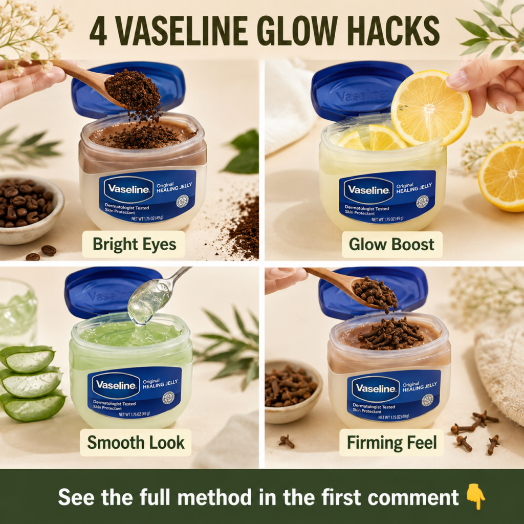 A close-up shot of small glass jars containing different DIY Vaseline mixtures with fresh ingredients like coffee beans 