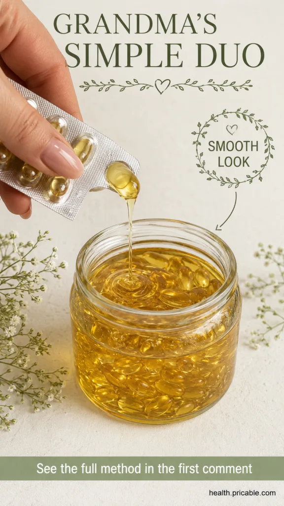 A close-up shot of small glass bottle filled with a golden facial oil next to a few vitamin E capsules and a natural pla