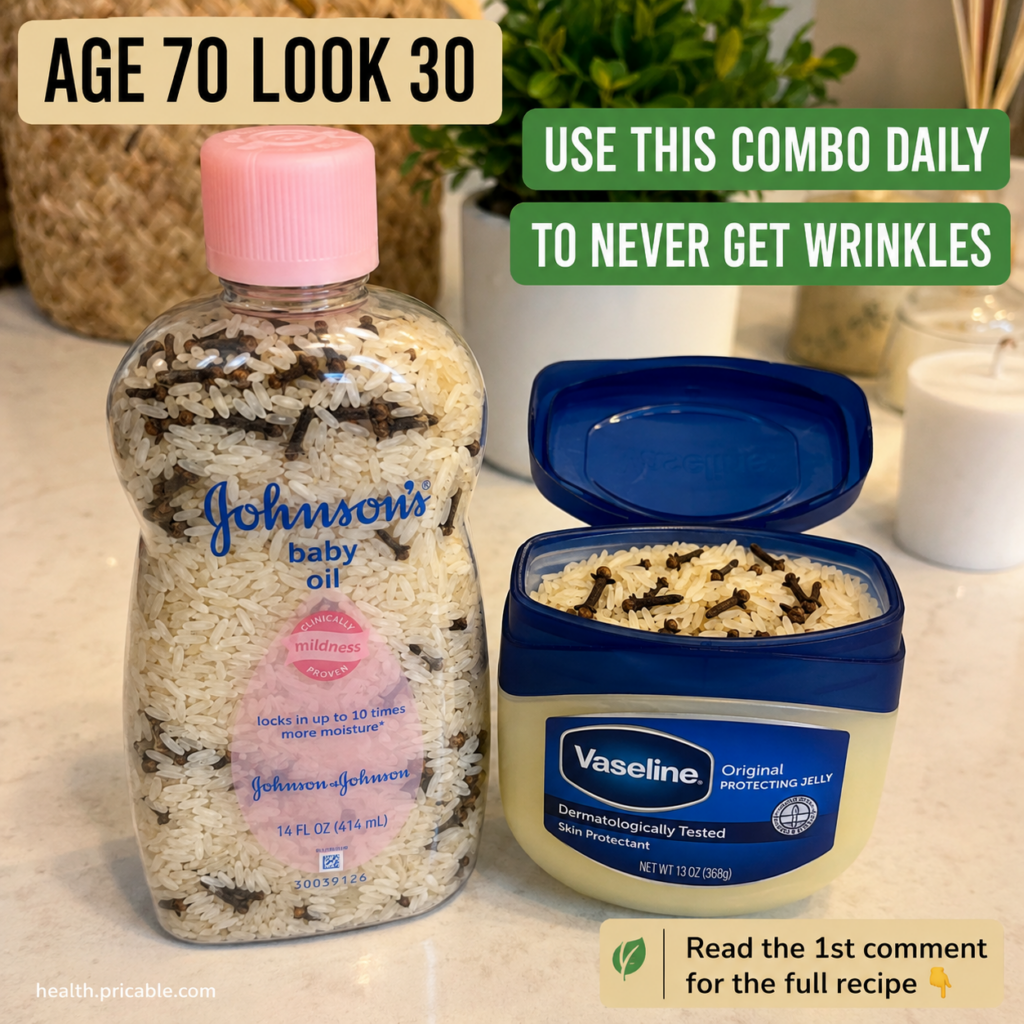 Ingredients for a DIY youthful skin cream a jar of Vaseline a bottle of Johnson s baby oil a small bowl of white rice an