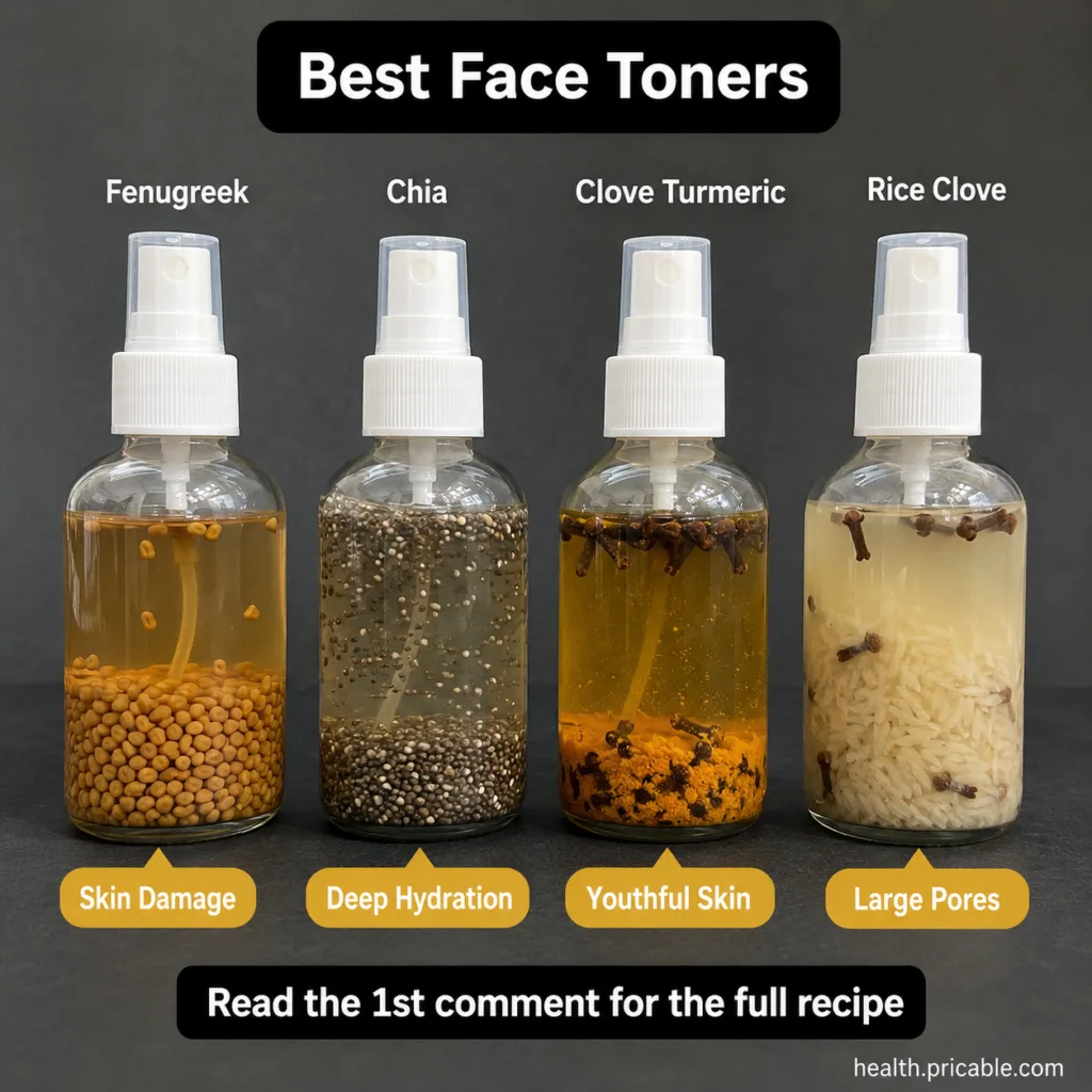 A collection of four small bottles of homemade toners each labeled for a different skin concern e g Hydrating Pore Refin